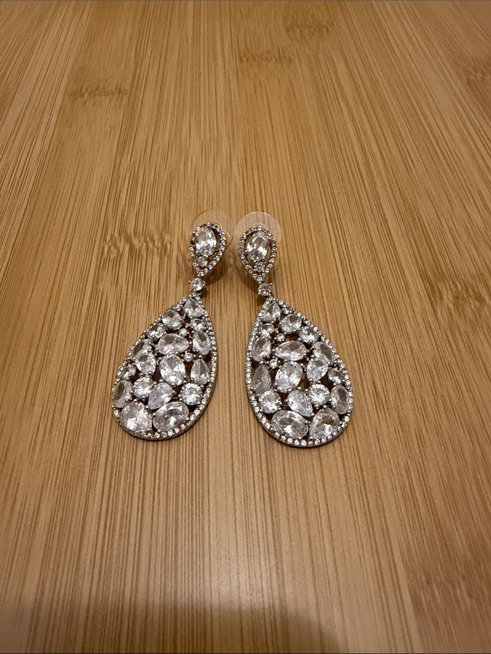 Crystal Teardrop Dangle Earrings - Silver Tone